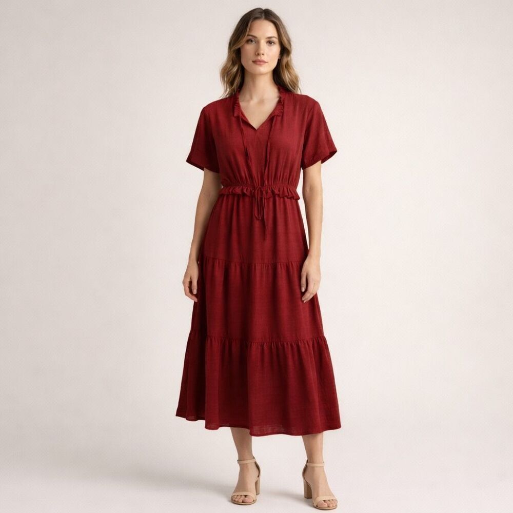 Prettygarden Red Tiered Midi Dress Boho Short Sleeve Size S